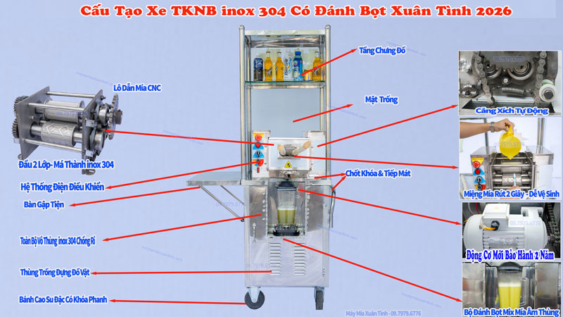 Cấu Tạo Của Xe TKNB 55cm Có đánh bọt inox 304 thế hệ mới