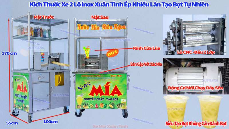 Xe Nước Mía 2 Lô Inox Ép Nhiều Lần Tạo Bọt Tự Nhiên